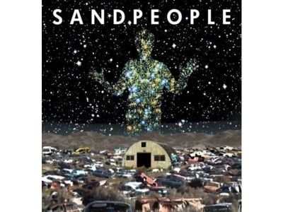 The picture has a man made up of stars looking down at the ground which is filled with cars.